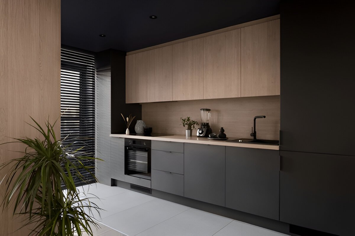 Black and Wood Modular Kitchen 